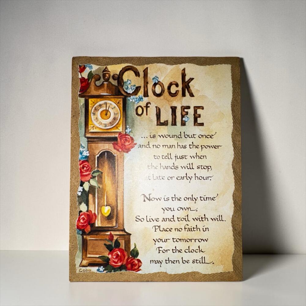 Vintage Clock of Life Poem Wood Plaque Grandfather Clock Roses Inspirational